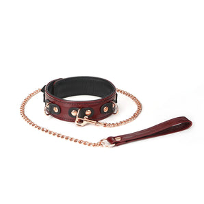 Wine Red Leather Collar with Chain Leash
