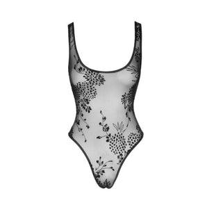 Tulle Bodysuit with Patterned Flock Embroidery