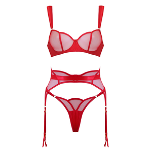 3 Piece Scalloped Muse Lingerie: Red