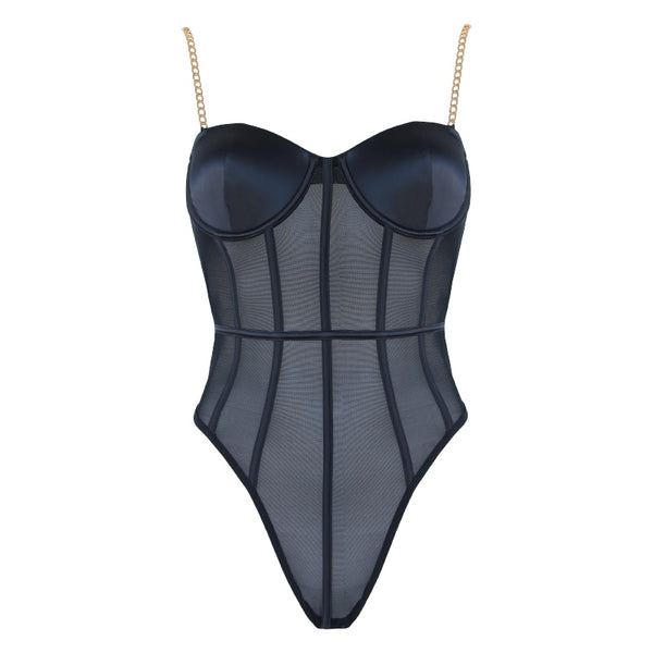 Mesh Black Bodysuit with Gold Chain Details