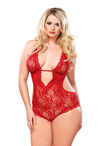 Lace Deep-V Halter Teddy: Plus-Size - Leg Avenue - Passionfruit